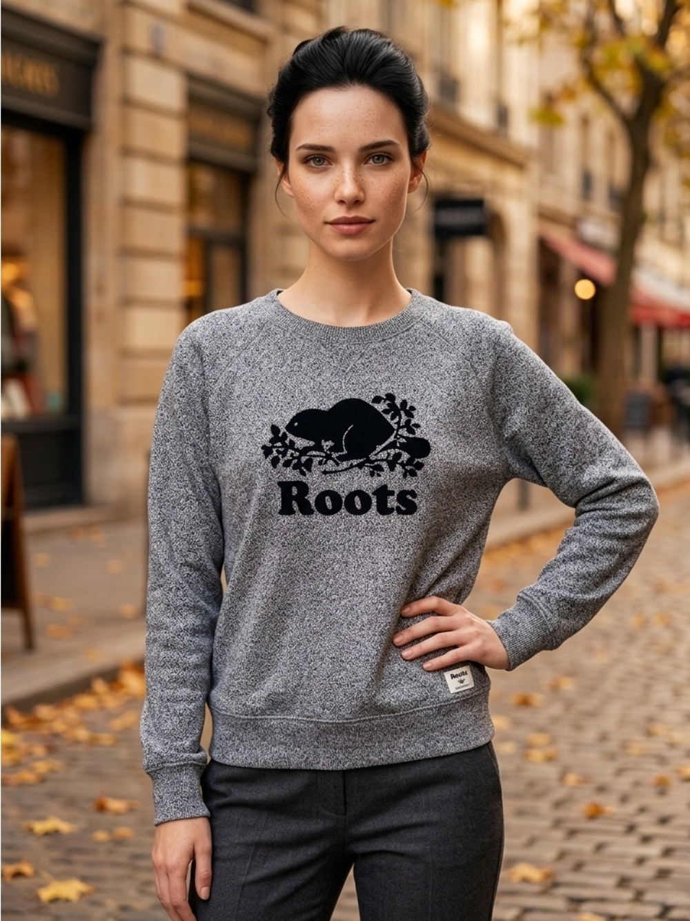 Roots Grey Logo Crewneck Sweatshirt Small Cotton